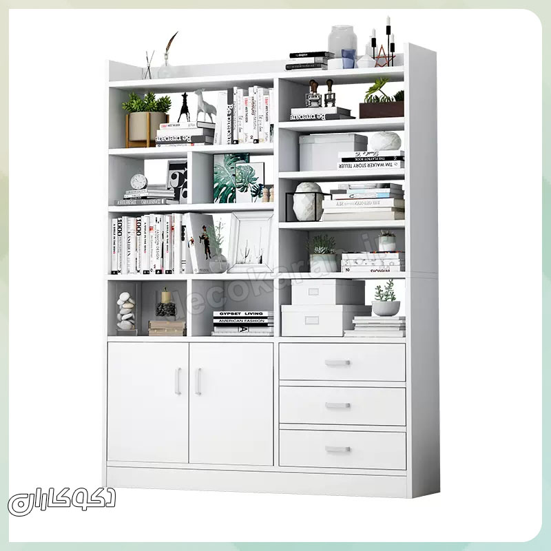 کتابخانه مینیمال مدل k110 با ترکیب رنگ چوب و سفید در دکوراسیون اسکاندیناوی