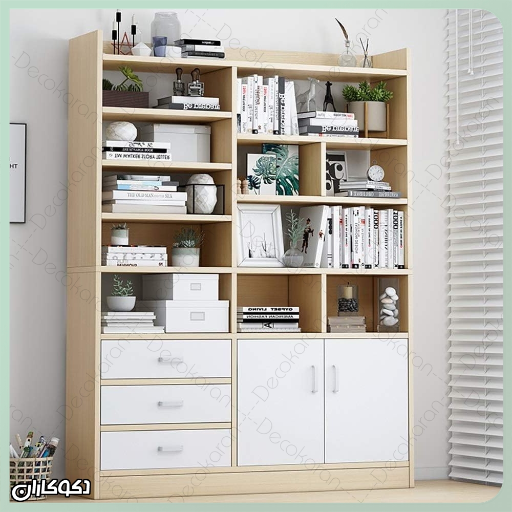 کتابخانه مدرن و شیک مدل k110 به رنگ سفید با چیدمان دکوراتیو