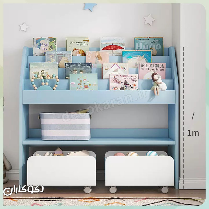 کتابخانه کودک مدرن مدل K115 با قفسه‌های کتاب و کشوی اسباب‌بازی در رنگ سفید