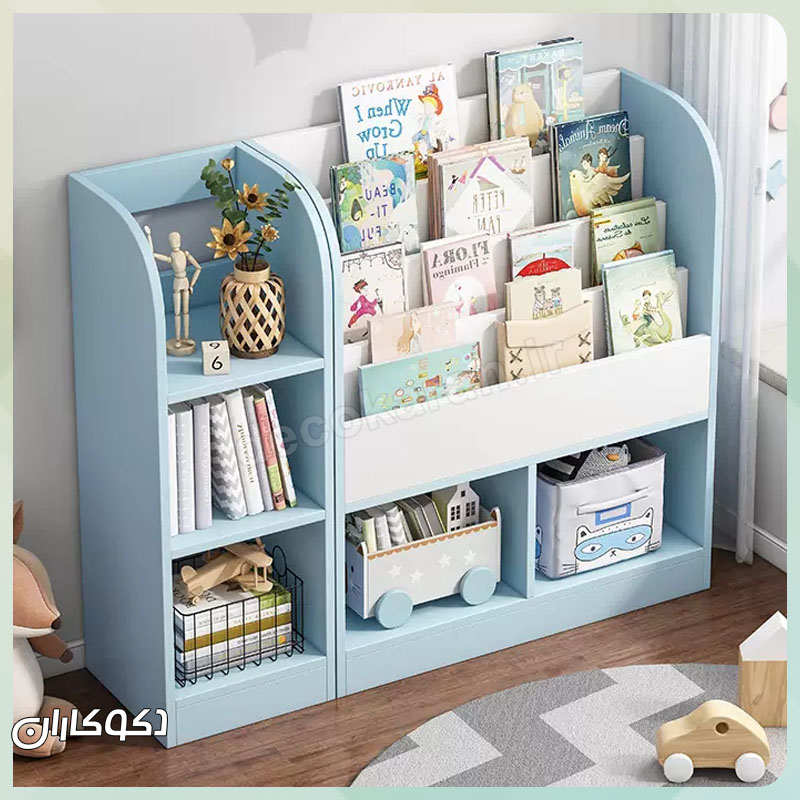 کتابخانه کودک مدرن مدل K116 به رنگ آبی پاستلی با طراحی مینیمال و چیدمان کتابها