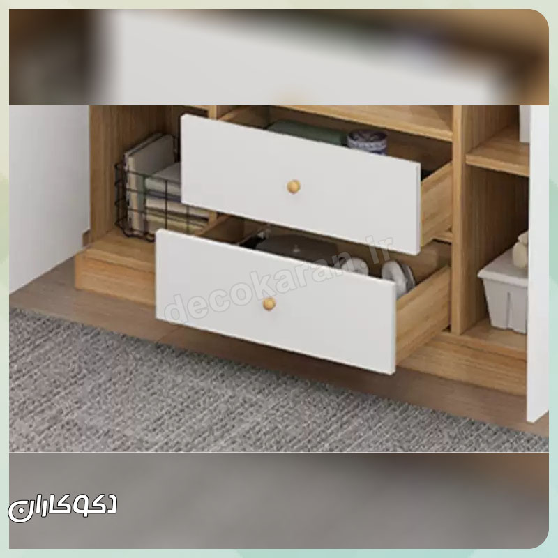 نمای نزدیک از کیفیت متریال و دستگیره‌های کتابخانه مدل K117 دکوکاران