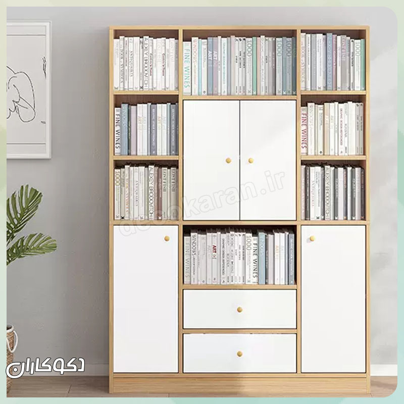 کتابخانه مدرن و شیک K117 با ترکیب رنگ سفید و چوب در دکوراسیون پذیرایی