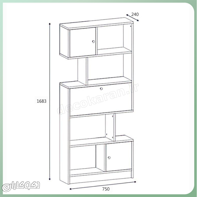 نقشه فنی و ابعاد دقیق کتابخانه مدل K120 ارتفاع 168 سانتیمتر