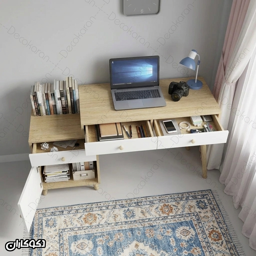 میز تحریر MDF مدل MT100 در حالت باز با کشوهای اصلی و فضای نگهداری کناری