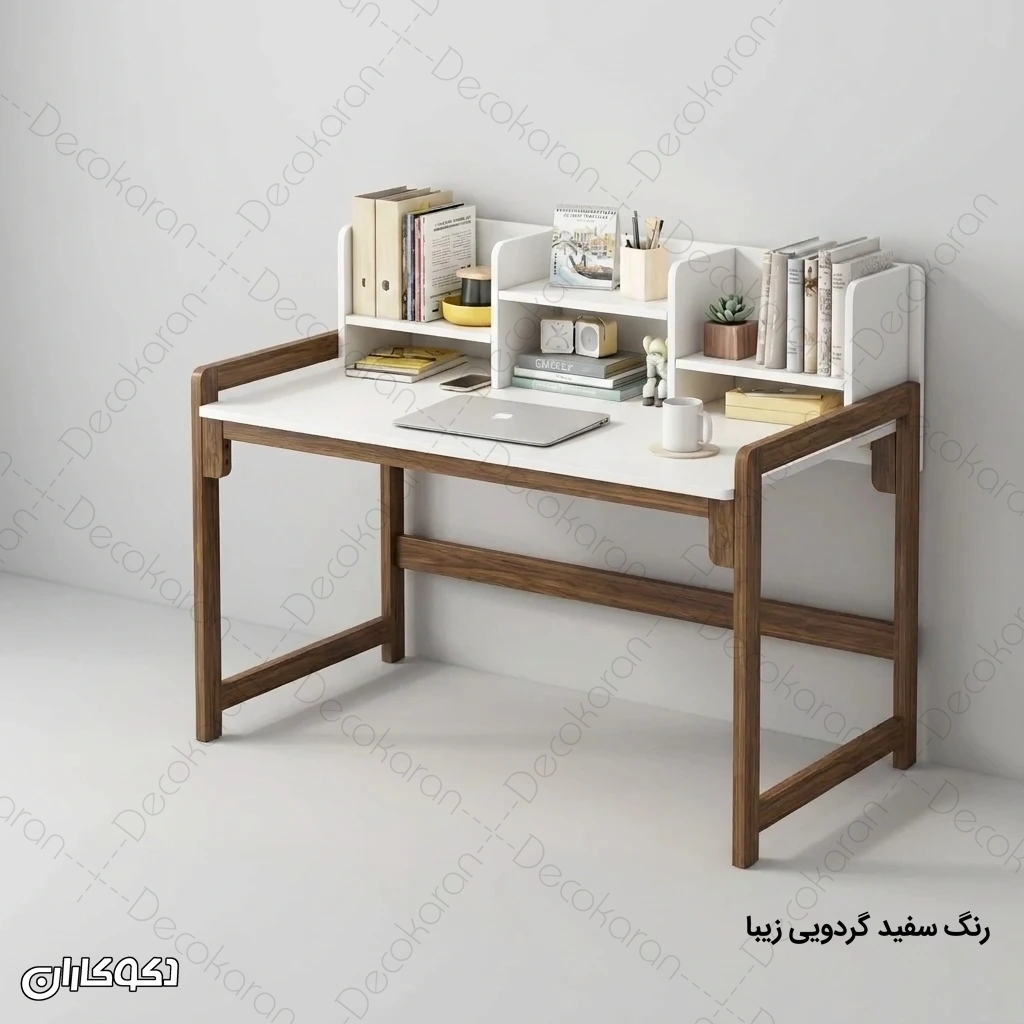 میز تحریر MDF مدل MT103 مناسب اتاق نوجوان با لپ تاپ چراغ مطالعه و کتاب