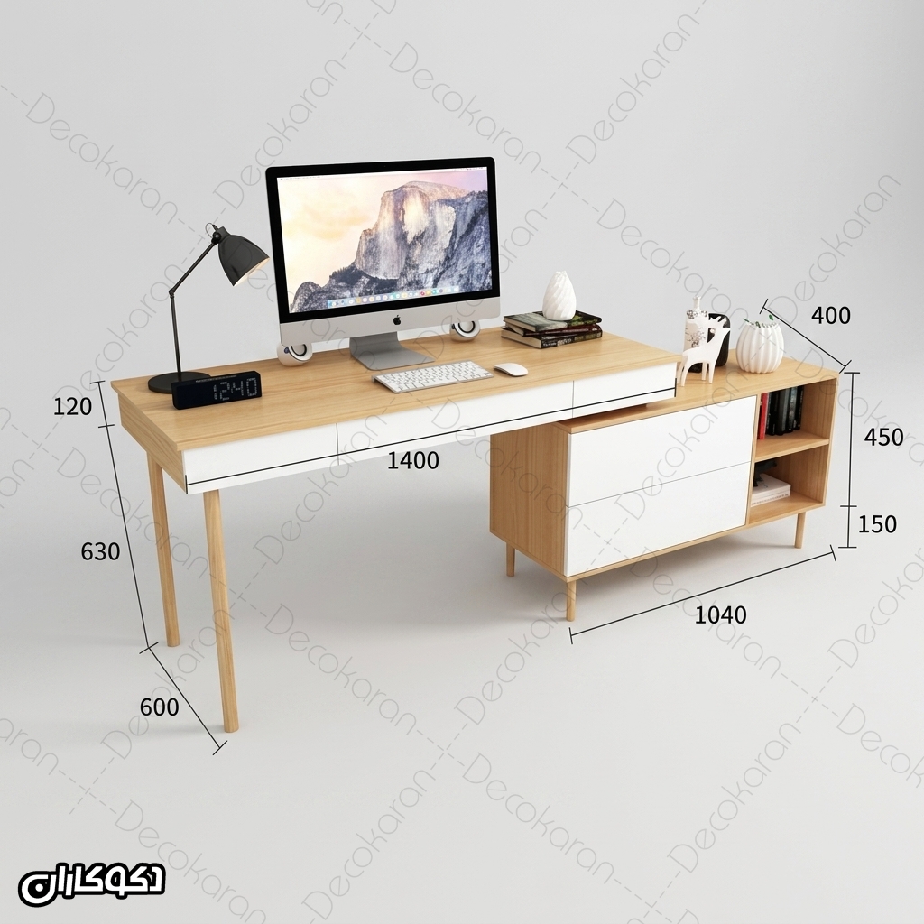 ابعاد میز تحریر مدل MT104 با طول 140 عمق 60 و فایل جانبی 104 سانتی متر
