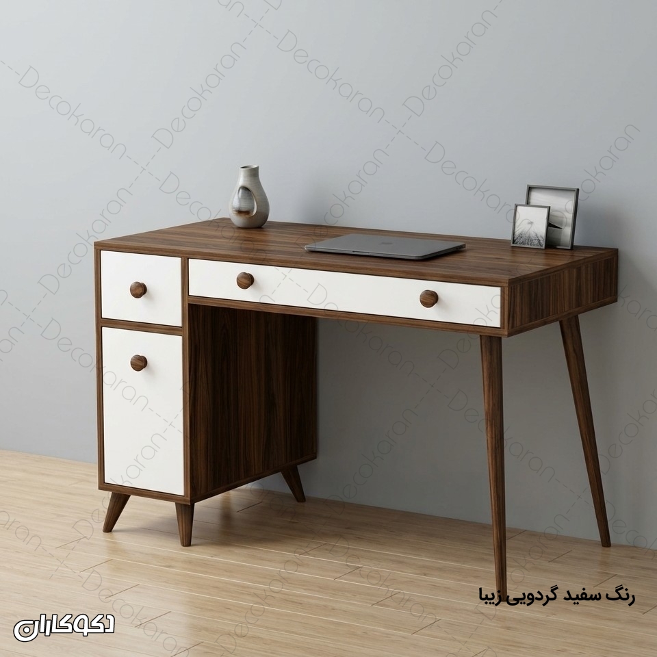 میز تحریر MDF مدل MT105 سفید کشودار با پایه چوبی