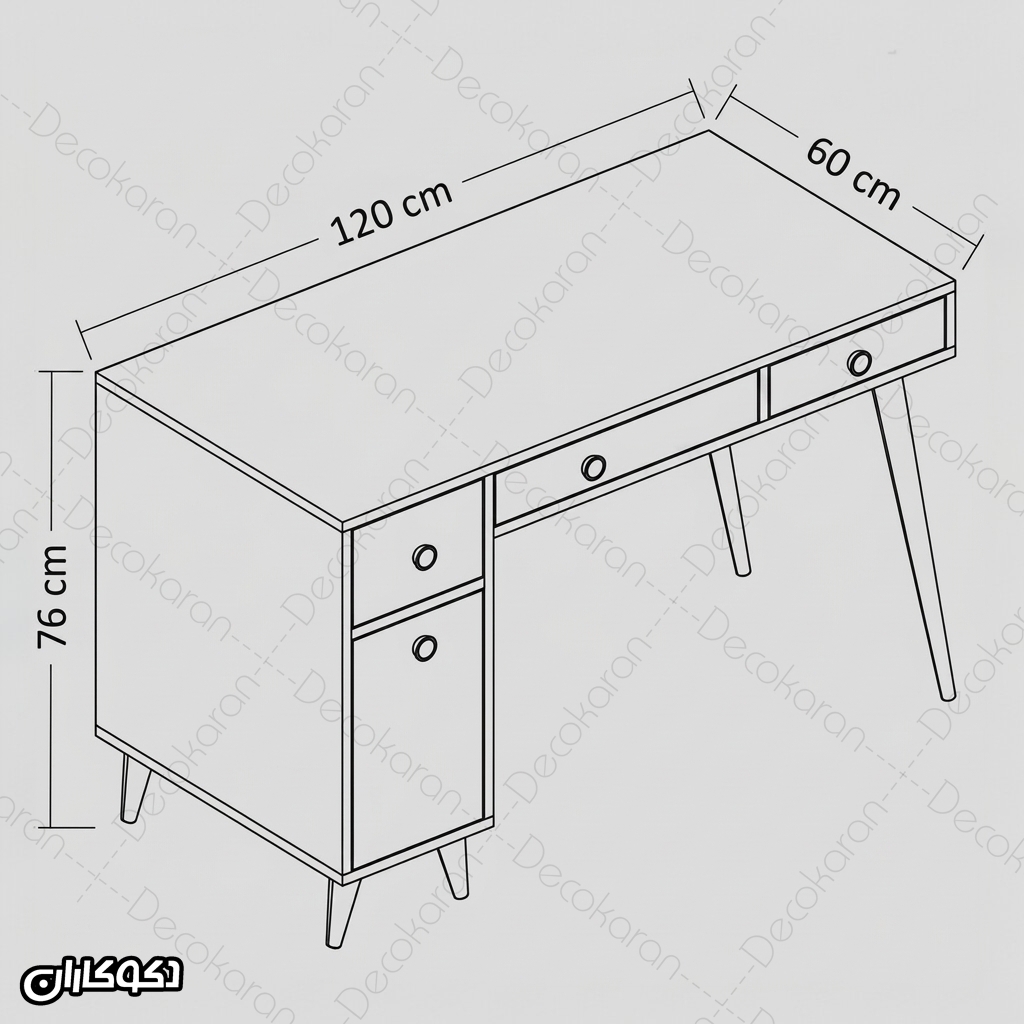 ابعاد میز تحریر مدل MT105 عرض 120 عمق 60 و ارتفاع 76 سانتی متر