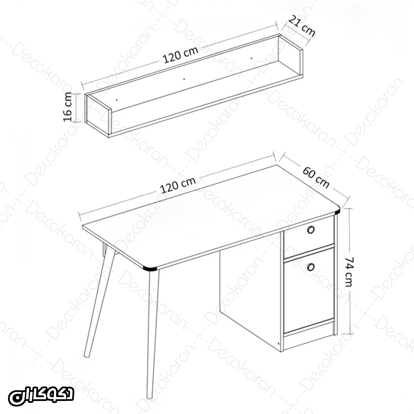 ابعاد میز تحریر مدل MT108 عرض 120 عمق 60 ارتفاع 74 با شلف دیواری