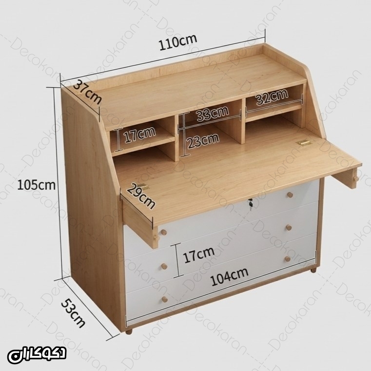 نقشه ابعاد میز تحریر MDF دراور تاشو MT110 با عرض 110 و ارتفاع 105 سانتی‌متر