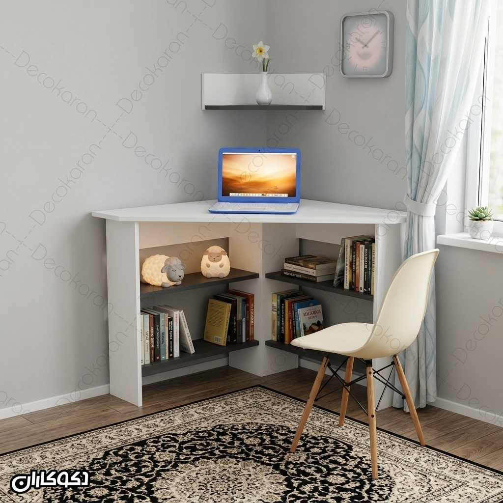 میز تحریر کنج MDF مدل MT119 با قفسه‌های باز دوطرفه