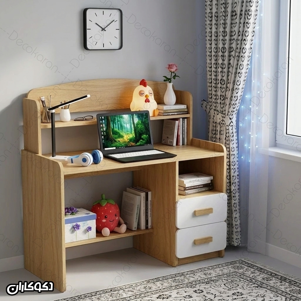 میز تحریر MDF مدل MT127 دکوکاران با طراحی کتابخانه ای و دو کشو