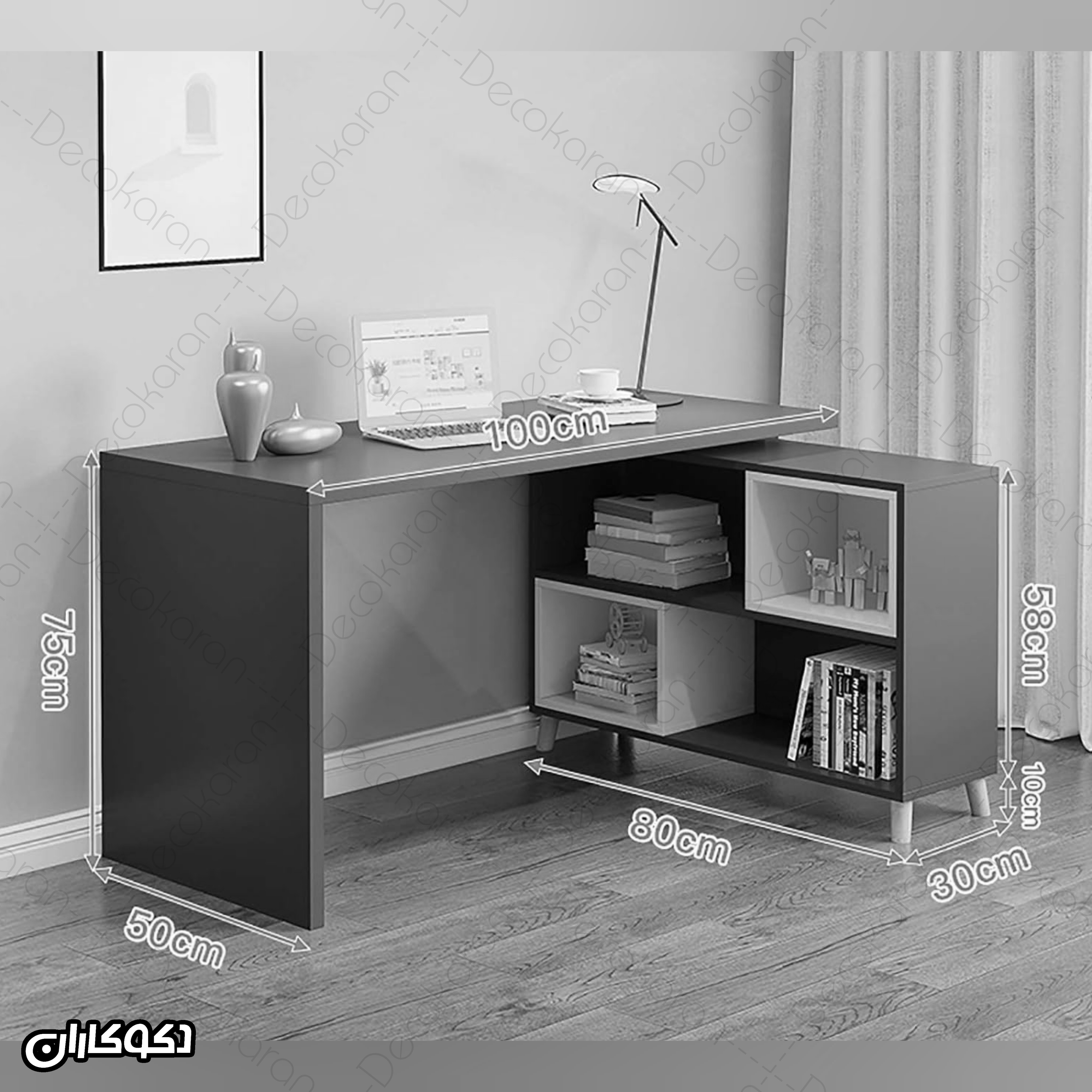 ابعاد میز تحریر MDF مدل MT125 دکوکاران با طول های 100 120 و 140 سانتی متر