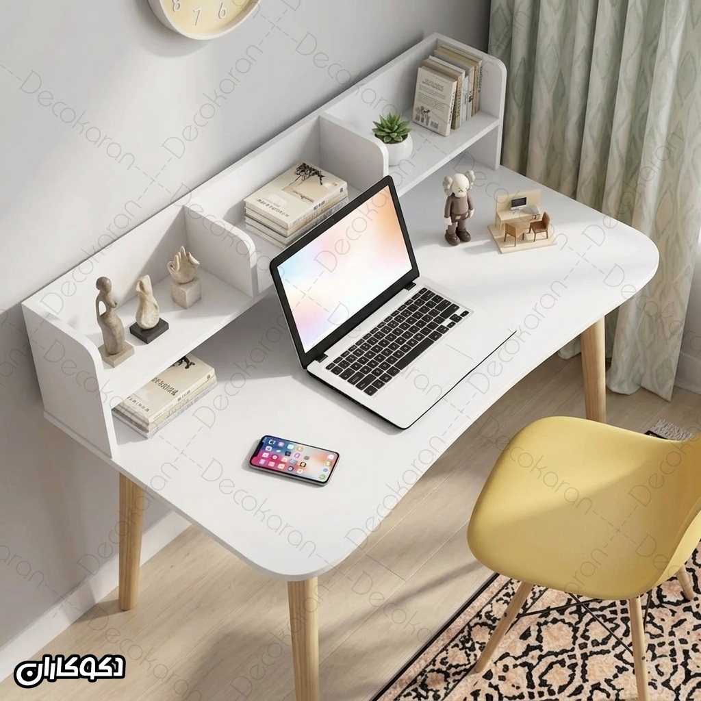 میز تحریر MDF مدل MT122 دکوران با شلف رومیزی و پایه های مایل