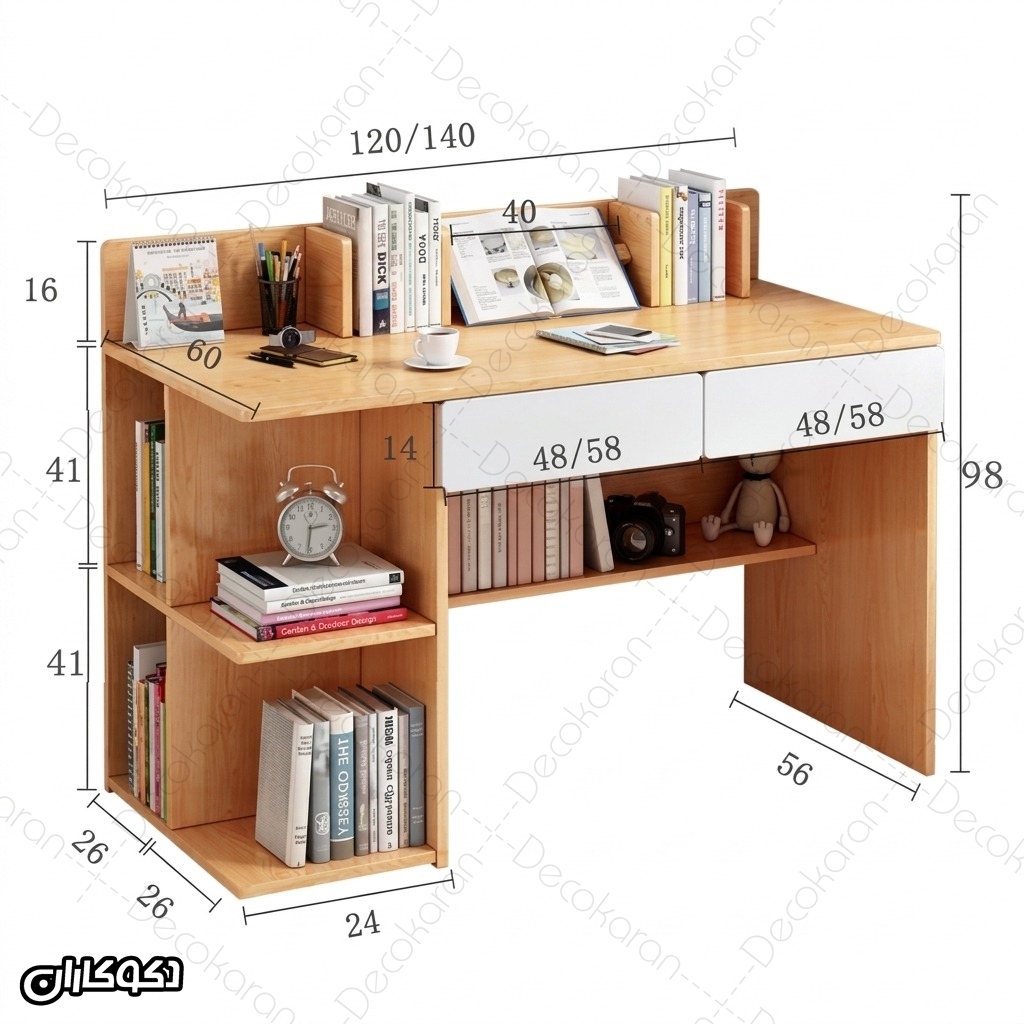 ابعاد میز تحریر MDF مدل MT130 دکوکاران در عرض های 80 100 120 و 140 سانتی متر