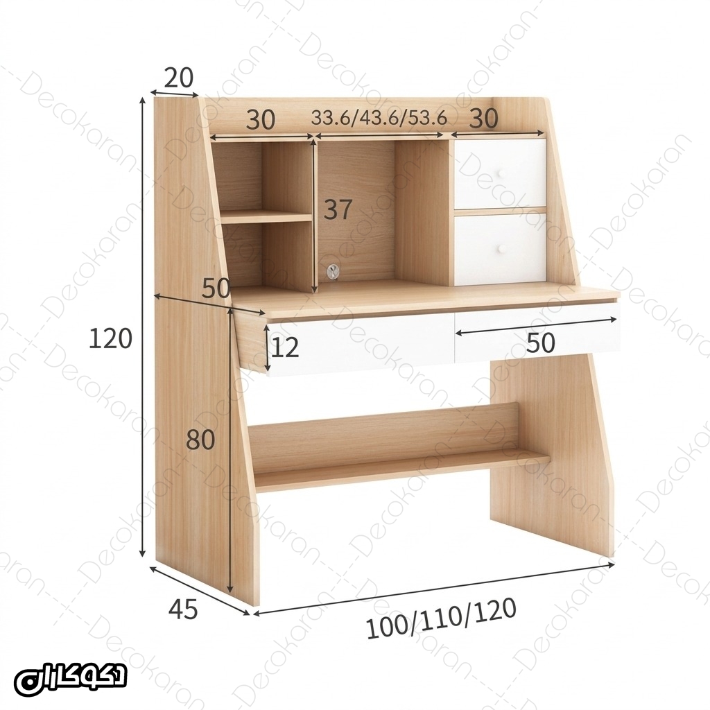 ابعاد میز تحریر MDF مدل MT131 دکوکاران با عرض های 100 110 و 120 سانتی متر