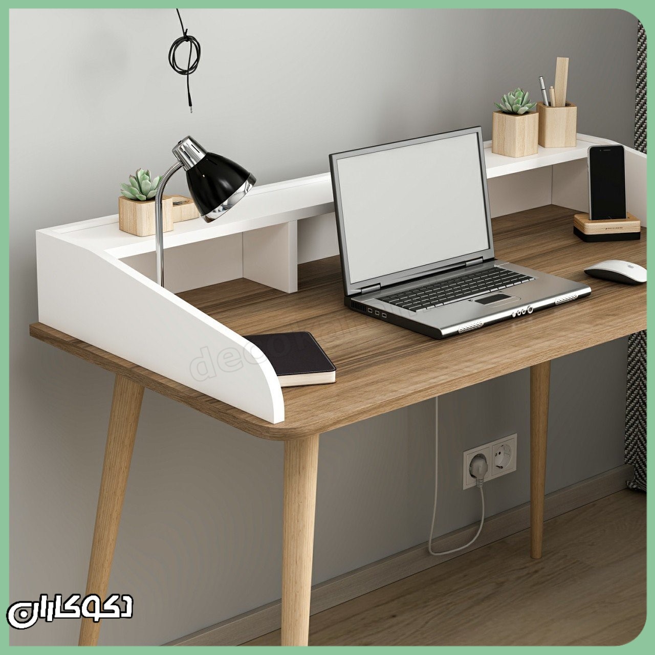 نمای نزدیک از شلف و قفسه میز تحریر MT138 برای سازماندهی وسایل