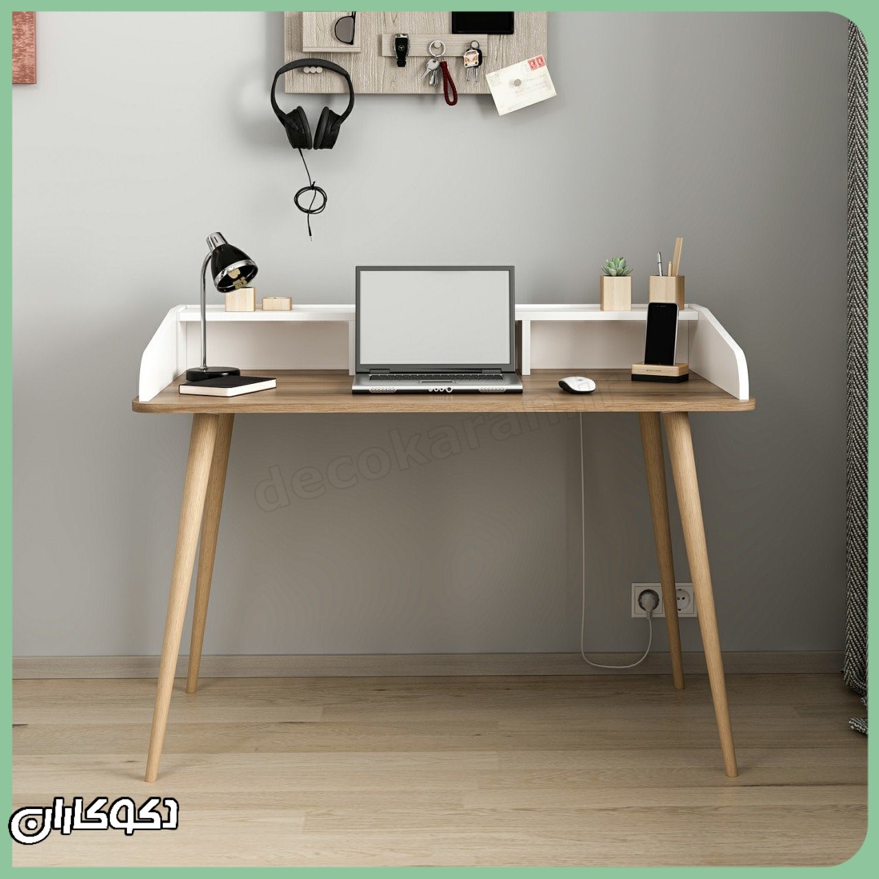 میز تحریر مدرن کتابخانه دار مدل MT138 با رنگ چوب و سفید در یک اتاق کار