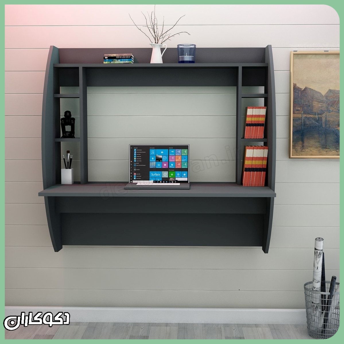 میز تحریر دیواری و کم‌جا مدل MT140 دکوکاران با طراحی مدرن و شلف‌های جانبی