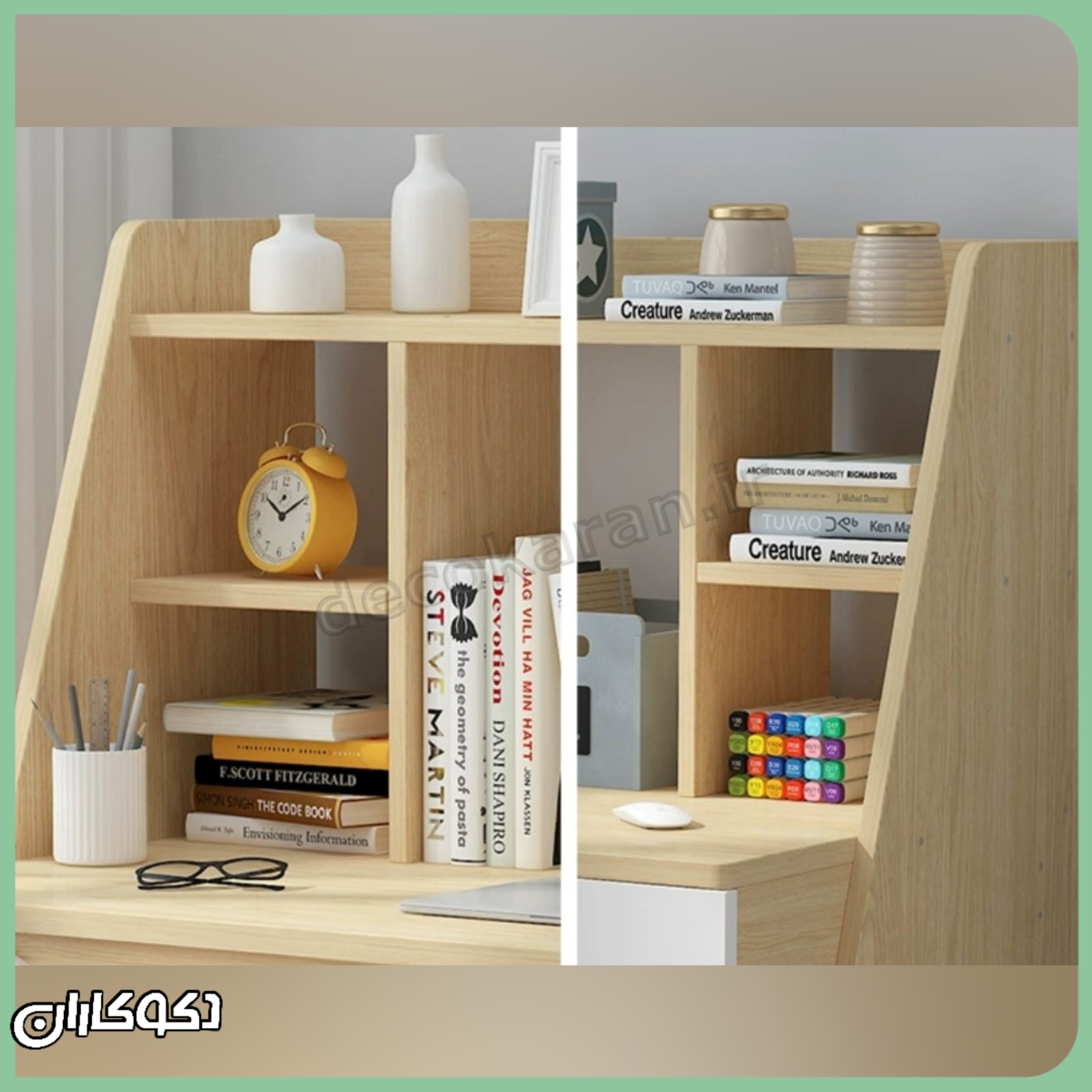 نمای نزدیک قفسه بندی میز تحریر مدرن MT144 برای نظم دهی به کتاب و لوازم