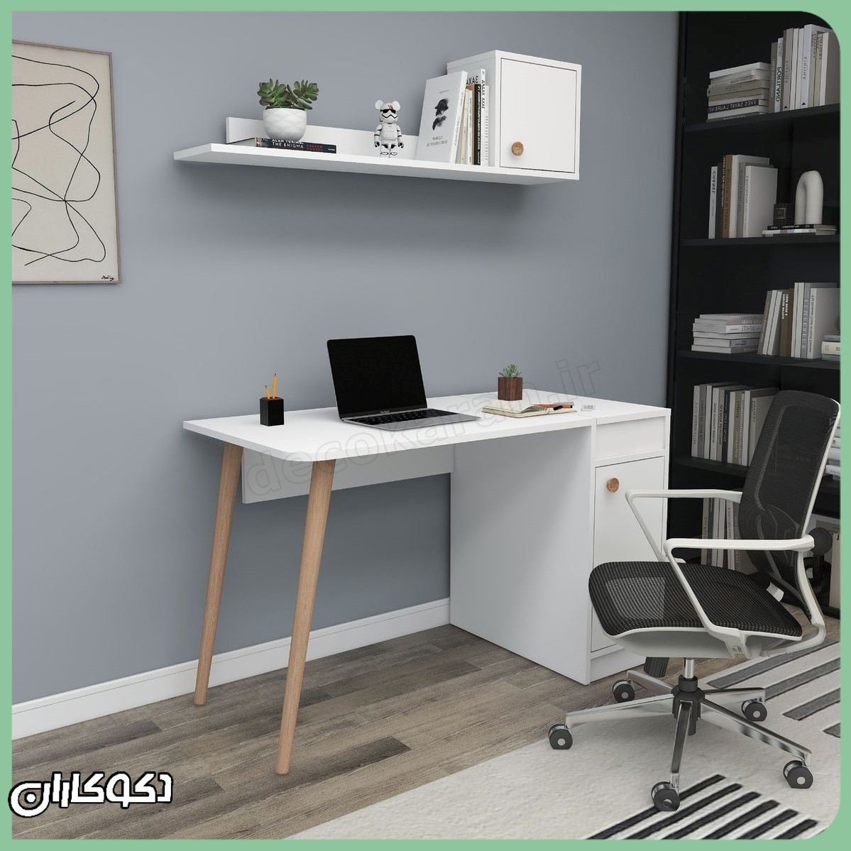 فضای داخلی و طبقات میز تحریر کتابخانه دار MT145 سفید