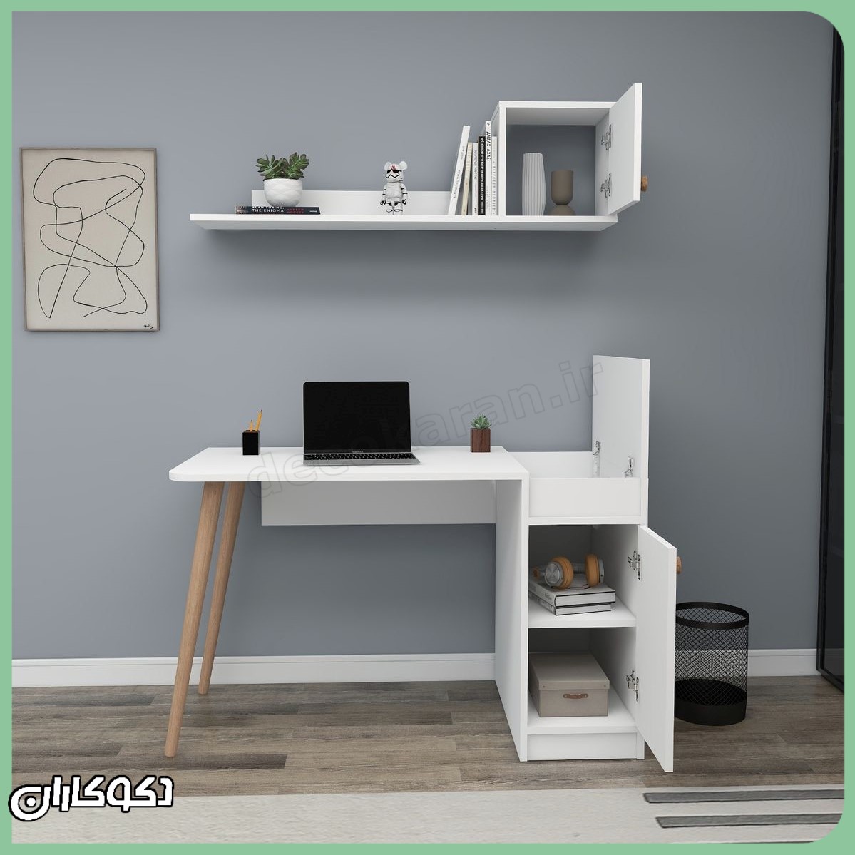 میز تحریر کم جا و مدرن MT145 دکوکاران با شلف دیواری سفید