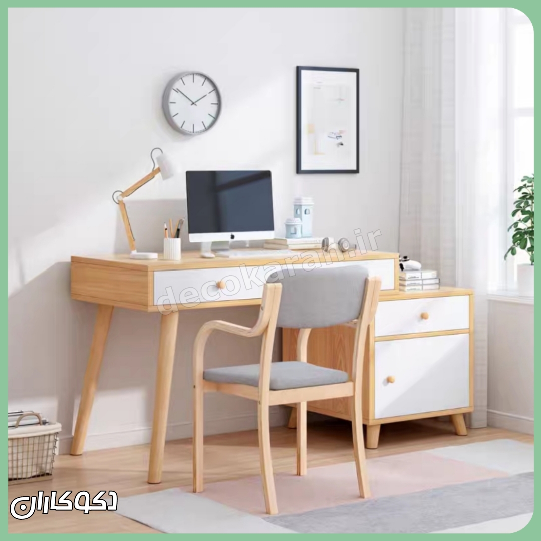 میز تحریر چوبی سفید با ابعاد دقیق و طراحی مدرن دکوکاران