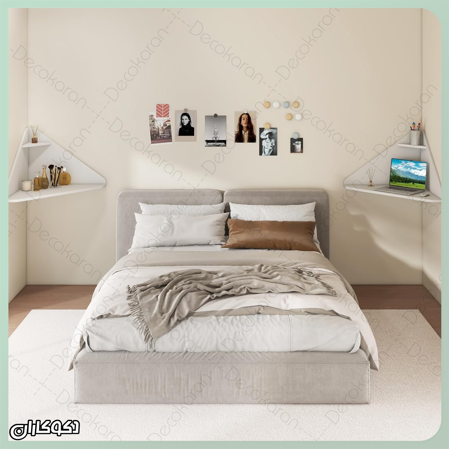 دو میز کنجی mt124 به عنوان پاتختی دیواری مدرن در دو طرف تختخواب در اتاق خواب