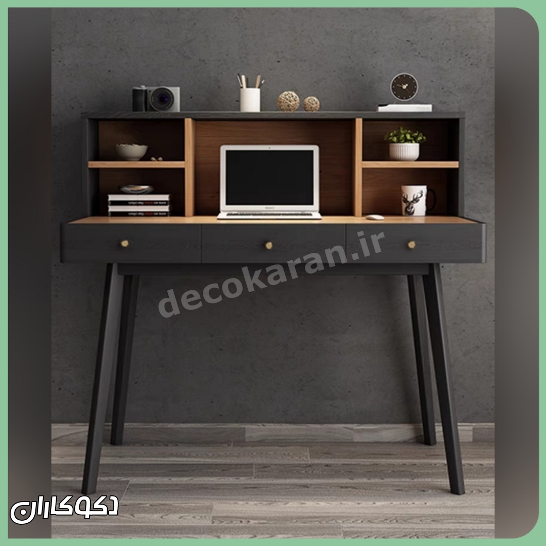 میز تحریر مدرن مدل mt126 دکوکاران با کتابخانه و رنگ دوگانه مشکی و چوبی، مناسب برای ایجاد فضای کار شخصی